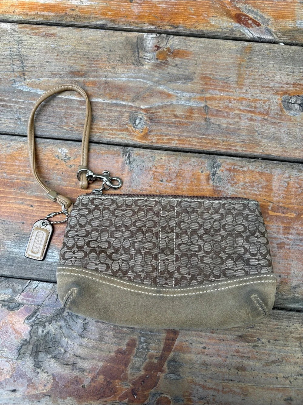 Coach Brown Signature Mini C Canvas Suede Zip Wristlet Leather Trim Hang Tag 6x4